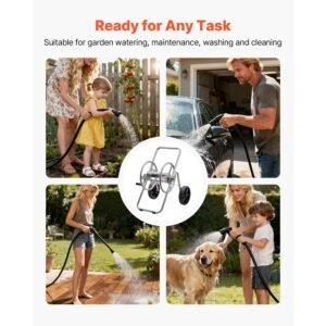 water hose reel cart, 200/300 ft high pressure garden hose cart, hoses reel carts with two wheels, handle & heavy duty mesh storage basket, portable hoses reels for garden watering, car washing