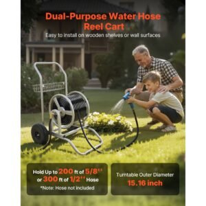 water hose reel cart, 200/300ft high pressure garden hose cart, hoses reel carts with two wheels, handle & heavy duty mesh storage basket, dual purpose portable hoses reels for garden, car, pet