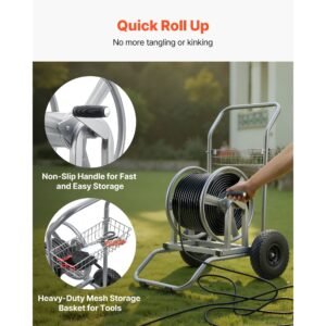water hose reel cart, 200/300ft high pressure garden hose cart, hoses reel carts with two wheels, handle & heavy duty mesh storage basket, dual purpose portable hoses reels for garden, car, pet