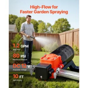 water pressure pump, 12v dc 1.2 gpm (4.5 l/min), 2 chamber self priming diaphragm water pump with 2 hose clamps, 80 psi max pressure, quiet operation, for rv, caravan, marine, garden irrigation