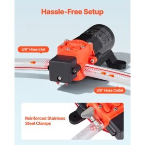 water pressure pump, 12v dc 1.2 gpm (4.5 l/min), 2 chamber self priming diaphragm water pump with 2 hose clamps, 80 psi max pressure, quiet operation, for rv, caravan, marine, garden irrigation