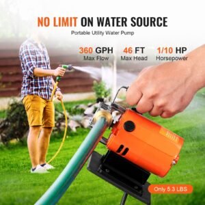 water transfer pump, 120v ac 360 gph 1/10 hp, portable electric utility pump with 6 ft suction hose kit, carbon brushes, impeller, suction strainer, for garden, rain barrel, pool, pond, aquarium