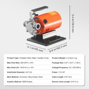 water transfer pump, 120v ac 360 gph 1/10 hp, portable electric utility pump with 6 ft suction hose kit, carbon brushes, impeller, suction strainer, for garden, rain barrel, pool, pond, aquarium