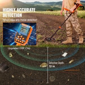 Waterproof Metal Detector, 12" Coil, Professional Rechargeable Gold Detector, 39-50 in Adjustable with LCD 7 Modes Advanced DSP Chip Bluetooth Headset, IP68 for Detecting Gold Treasure Hunting
