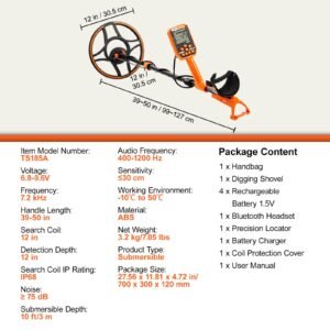 waterproof metal detector, 12" coil, professional rechargeable gold detector, 39 50 in adjustable with lcd 7 modes advanced dsp chip bluetooth headset, ip68 for detecting gold treasure hunting