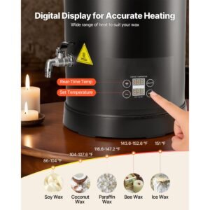 wax melter for candle making, 10.6 qts, fast and even heating, with easy pour spout and temp digital display, hourglass base for non stick smooth flow, wax melting pot for making candles soaps