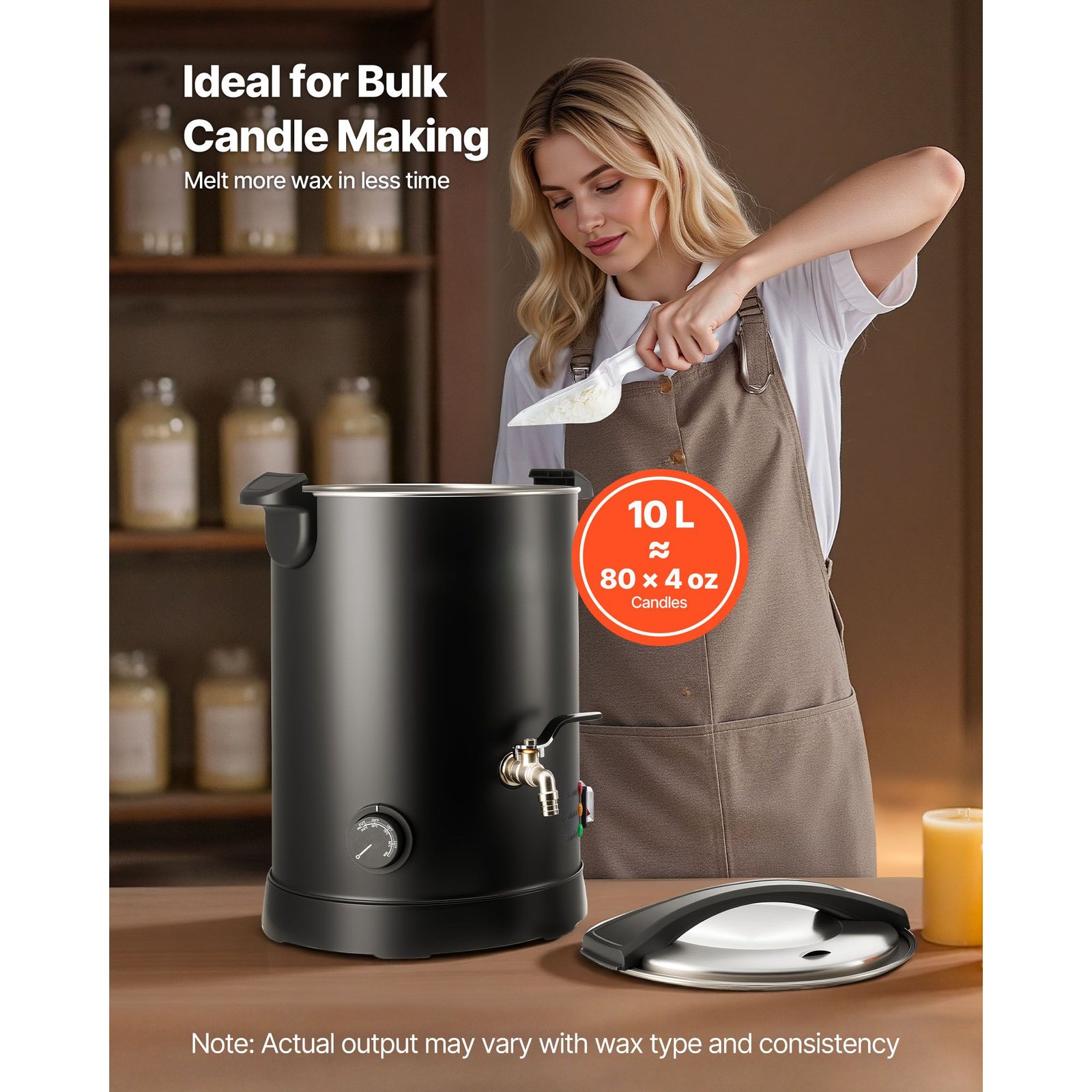 wax melter for candle making, 10.6 qts, fast and even heating, with easy pour spout and temperature control, hourglass base for non stick smooth flow, wax melting pot for making candles soaps