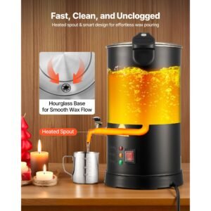 wax melter for candle making, 5.3 qts, fast and even heating, with easy pour spout and temperature control, hourglass base for non stick smooth flow, wax melting pot for making candles soaps