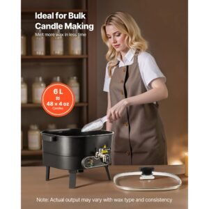 wax melter for candle making, 6.3 qts, fast and even heating, with easy pour spout and temperature control, grooved base for non stick and smooth flow, wax melting pot for making candles soaps