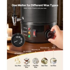 wax melter for candle making, 8.5 qts, fast and even heating, with easy pour spout and temperature control, grooved base for non stick and smooth flow, wax melting pot for making candles soaps
