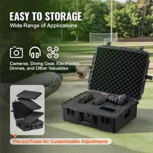 weatherproof hard case, heavy duty protective dry box case with pre cut foam, and retractable pull handles for travel, hunting, military, tactical, ip67 waterproof case for cameras (56.1x37x26)