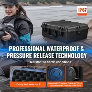 weatherproof hard case, heavy duty protective dry box case with pre cut foam, and retractable pull handles for travel, hunting, military, tactical, ip67 waterproof case for cameras (56.1x37x26)