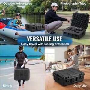 weatherproof hard case, heavy duty protective dry box case with pre cut foam, and retractable pull handles for travel, hunting, military, tactical, ip67 waterproof case for cameras (56.1x37x26)