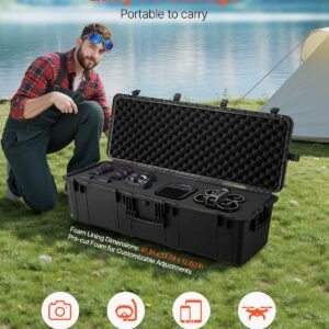 weatherproof hard case, heavy duty protective dry box case with pre cut foam & retractable pull handles for travel, hunt, military, tactical, ip67 waterproof case for cameras(112x41x34)