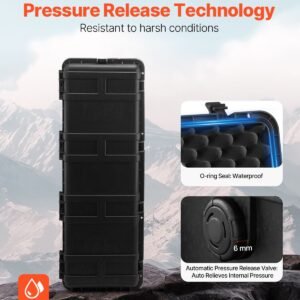 weatherproof hard case, heavy duty protective dry box case with pre cut foam & retractable pull handles for travel, hunt, military, tactical, ip67 waterproof case for cameras(112x41x34)