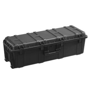 weatherproof hard case, heavy duty protective dry box case with pre cut foam & retractable pull handles for travel, hunt, military, tactical, ip67 waterproof case for cameras(112x41x34)