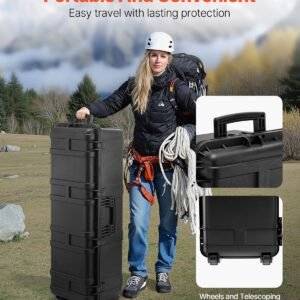 weatherproof hard case, heavy duty protective dry box case with pre cut foam & retractable pull handles for travel, hunt, military, tactical, ip67 waterproof case for cameras(112x41x34)