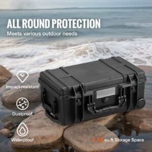weatherproof hard case, heavy duty protective dry box case with pre cut foam, wheels & retractable pull handles for travel, hunt, military, tactical, ip67 waterproof case for cameras (64x51x25)
