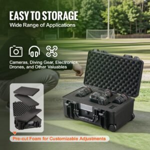 weatherproof hard case, heavy duty protective dry box case with pre cut foam, wheels & retractable pull handles for travel, hunt, military, tactical, ip67 waterproof case for cameras (64x51x25)