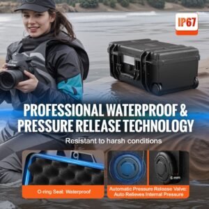 weatherproof hard case, heavy duty protective dry box case with pre cut foam, wheels & retractable pull handles for travel, hunt, military, tactical, ip67 waterproof case for cameras (64x51x25)