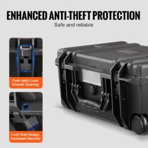 weatherproof hard case, heavy duty protective dry box case with pre cut foam, wheels & retractable pull handles for travel, hunt, military, tactical, ip67 waterproof case for cameras (64x51x25)