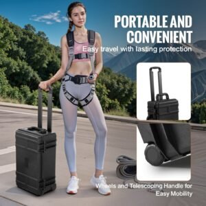 weatherproof hard case, heavy duty protective dry box case with pre cut foam, wheels & retractable pull handles for travel, hunt, military, tactical, ip67 waterproof case for cameras (64x51x25)