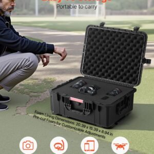 weatherproof hard case, heavy duty protective dry box case with pre cut foam, wheels & retractable pull handles for travel, hunt, military, tactical, ip67 waterproof case for cameras(57x45x28)