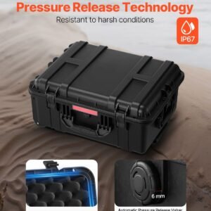 weatherproof hard case, heavy duty protective dry box case with pre cut foam, wheels & retractable pull handles for travel, hunt, military, tactical, ip67 waterproof case for cameras(57x45x28)