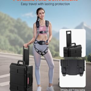 weatherproof hard case, heavy duty protective dry box case with pre cut foam, wheels & retractable pull handles for travel, hunt, military, tactical, ip67 waterproof case for cameras(57x45x28)