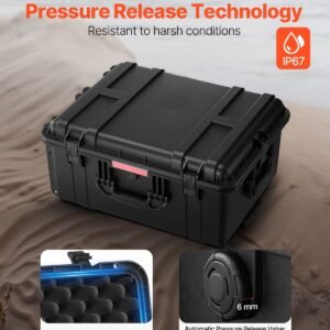 weatherproof hard case, heavy duty protective dry box case with pre cut foam, wheels & retractable pull handles for travel, hunt, military, tactical, ip67 waterproof case for cameras(63x50x32)