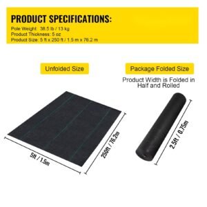 weed barrier landscape fabric, 5 x 250 ft, 5 oz premium woven ground cover heavy duty pp material & easy setup, single layer for outdoor garden, lawn, driveway, black