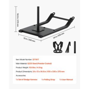 weight sled, steel power sled, fitness strength training sleds for athletic exercise speed improvement, workout fitness equipment with harness, compatible with 1/2 in weight plates, black