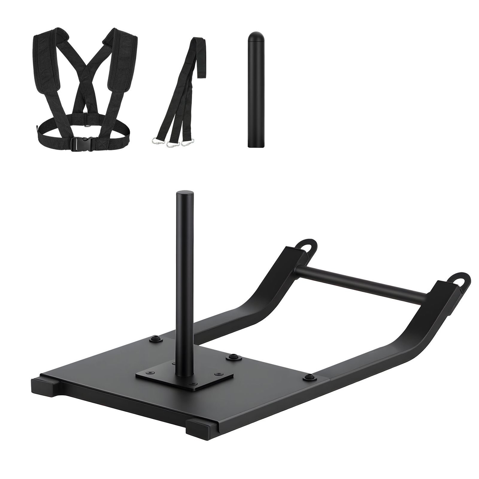 weight sled, steel power sled, fitness strength training sleds for athletic exercise speed improvement, workout fitness equipment with harness, compatible with 1/2 in weight plates, black