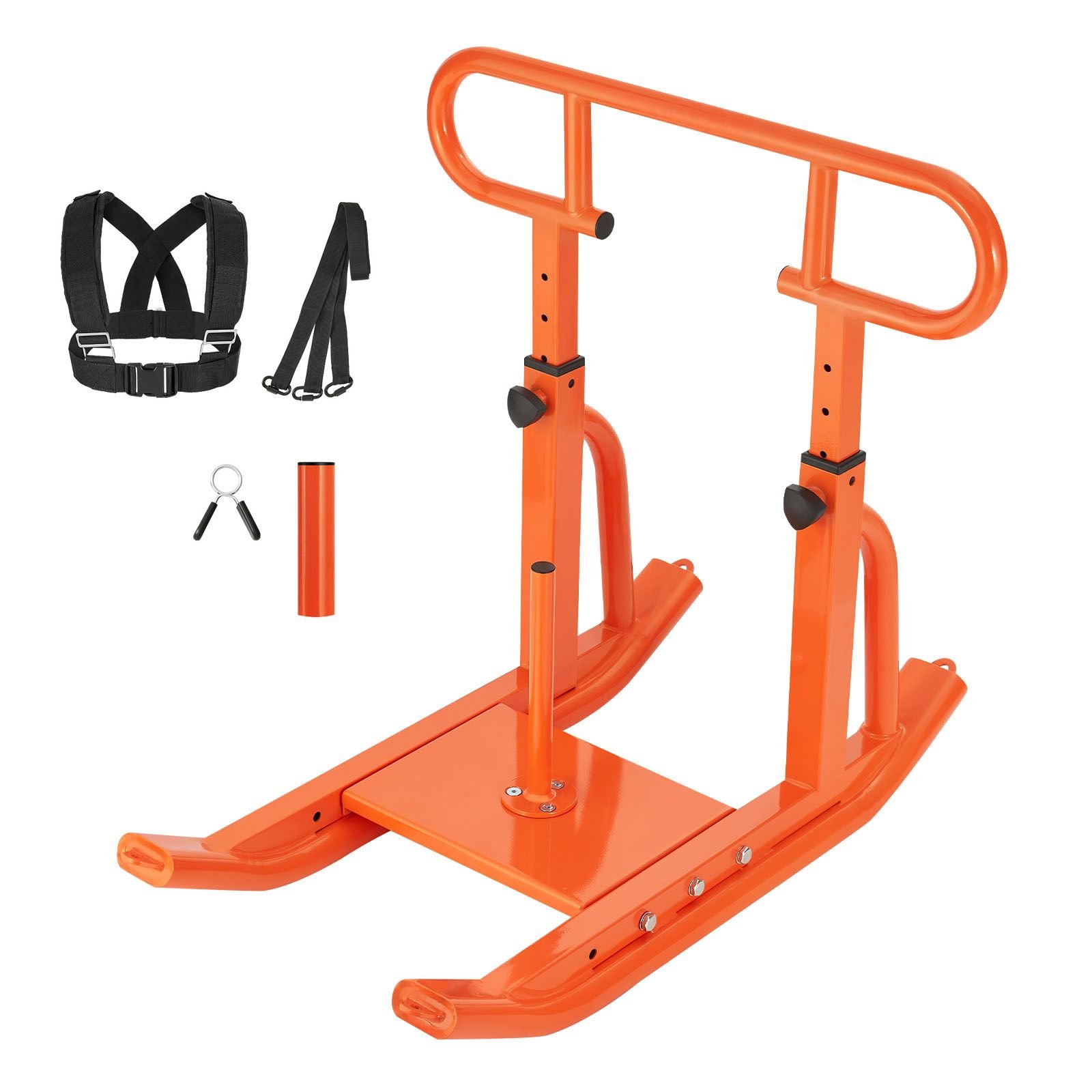 weight sled, steel power sled, fitness training sleds for athletic exercise speed improvement, workout equipment with adjustable height handle, compatible with 1/2 in weight plates, orange