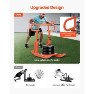 weight sled, steel power sled, fitness training sleds for athletic exercise speed improvement, workout equipment with adjustable height handle, compatible with 1/2 in weight plates, orange