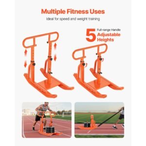 weight sled, steel power sled, fitness training sleds for athletic exercise speed improvement, workout equipment with adjustable height handle, compatible with 1/2 in weight plates, orange