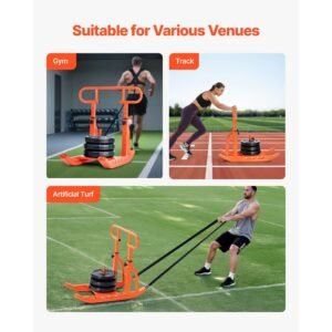 weight sled, steel power sled, fitness training sleds for athletic exercise speed improvement, workout equipment with adjustable height handle, compatible with 1/2 in weight plates, orange