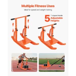 weight sled, steel power sled, fitness training sleds for athletic exercise speed improvement, workout equipment with adjustable height handle, compatible with 1/2 in weight plates, orange
