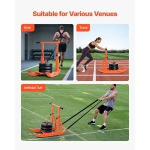 weight sled, steel power sled, fitness training sleds for athletic exercise speed improvement, workout equipment with adjustable height handle, compatible with 1/2 in weight plates, orange