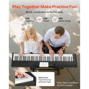 weighted digital piano, 88 keys fully weighted, electric piano dual keyboard & speakers, with sustain pedal, recording function, 238 tones, wireless connection, for beginners, without stand