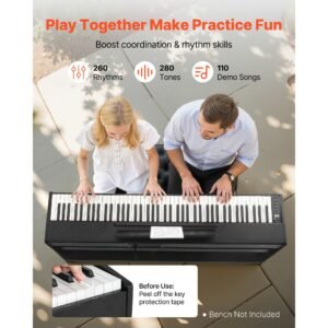 weighted digital piano, 88 keys fully weighted, electric piano keyboard with furniture stand, power adapter, triple pedal, record function, 280 tones, wireless connection, for beginners, black