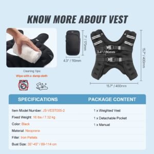 weighted vest, 16 lbs weight vest with reflective stripe, adjustable buckle body weight vest for men women, workout equipment for strength training, running, jogging, fitness, and weight loss