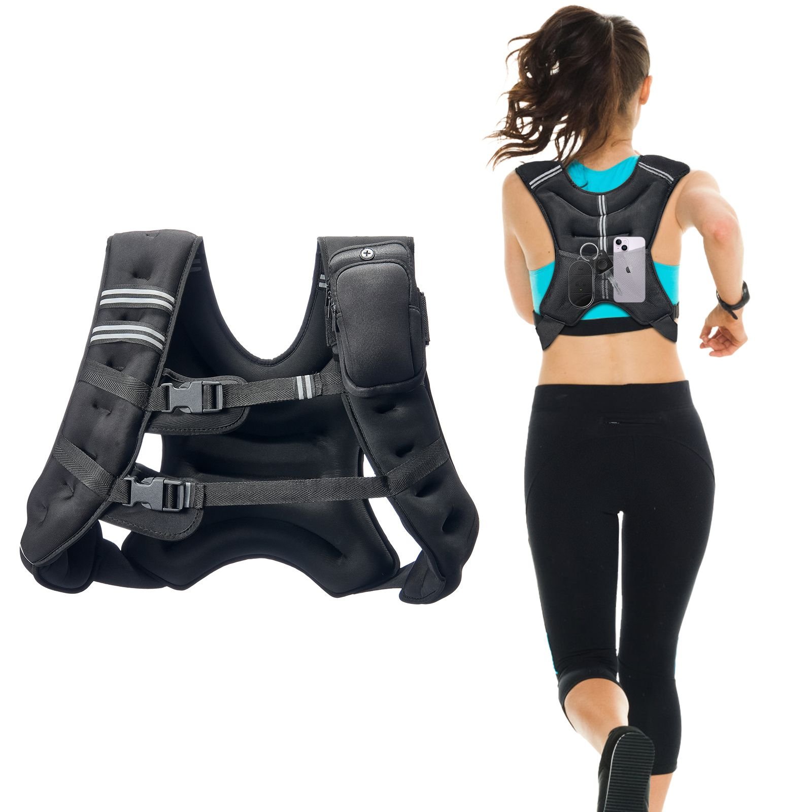 weighted vest, 30 lbs weight vest with reflective stripe, adjustable buckle body weight vest for men women, workout equipment for strength training, running, jogging, fitness, and weight loss