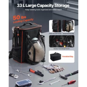 welding backpack, 33l welder backpack with insulated bag & helmet bag, 600d polyester extreme gear pack for tools and helmet, multi purpose gear storage bag for welding, outdoor camping, hiking