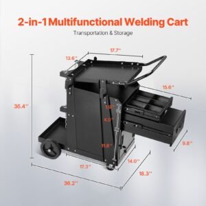 welding cart, 2 drawers welder cart heavy duty with anti theft lockable cabinet, 350lbs static weight capacity, 360° swivel wheels, tank storage safety chains for mig tig welder, plasma cutter
