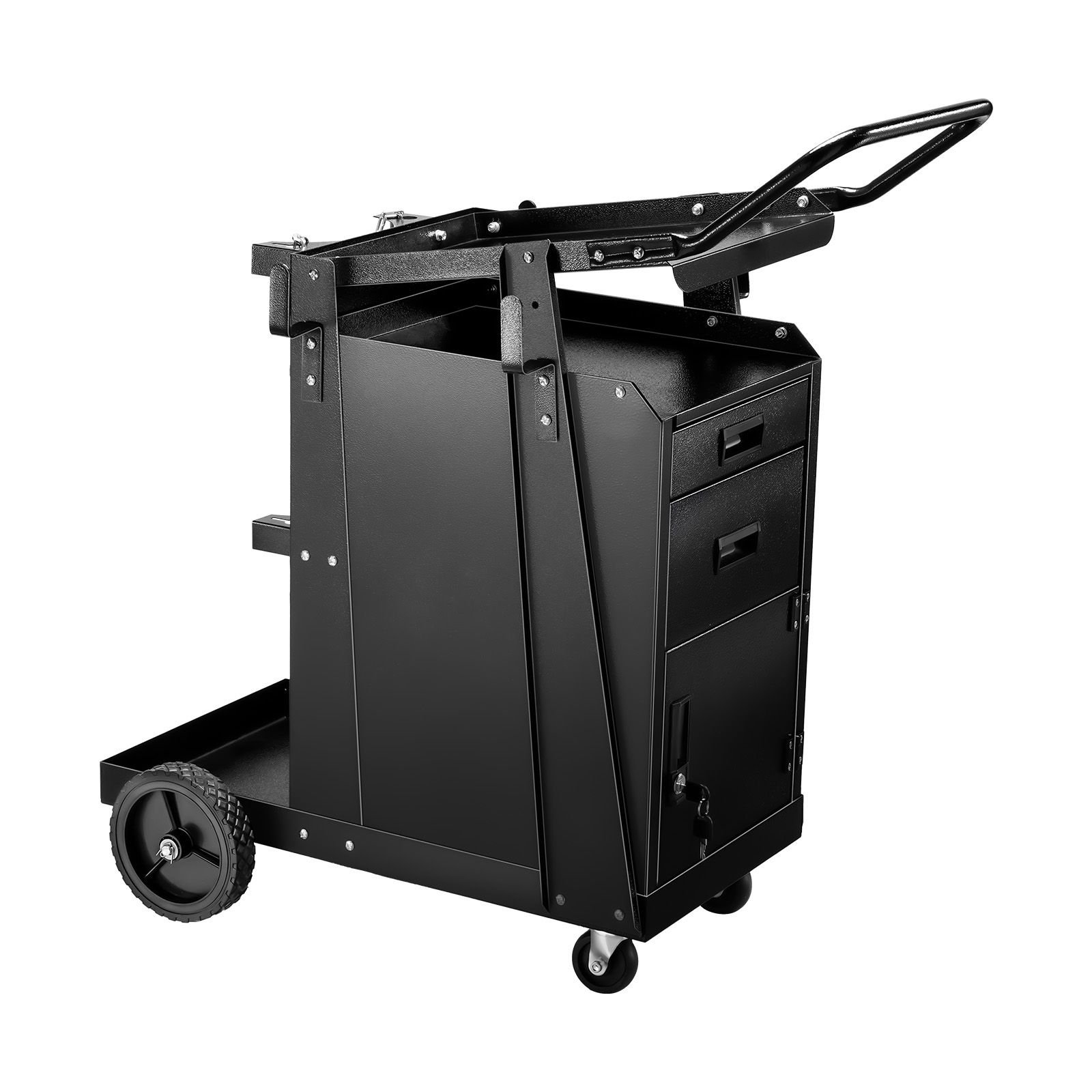 welding cart, 2 drawers welder cart heavy duty with anti theft lockable cabinet, 350lbs static weight capacity, 360° swivel wheels, tank storage safety chains for mig tig welder, plasma cutter