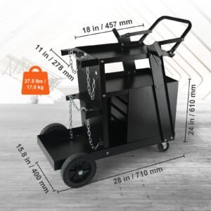 welding cart, 2 tier 4 drawers welder cart with 265 lbs weight capacity, 360° swivel wheels, tank storage safety chains, heavy duty rolling mig welder cart for mig welder and plasma cutter