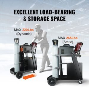 welding cart, 2 tier 4 drawers welder cart with 265 lbs weight capacity, 360° swivel wheels, tank storage safety chains, heavy duty rolling mig welder cart for mig welder and plasma cutter