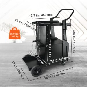 welding cart, 2 tier heavy duty welder cart with anti theft lockable cabinet, 265lbs weight capacity, 360° swivel wheels, tank storage safety chains, welding cabinet for tig, arc, plasma cutter