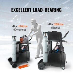 welding cart, 2 tier heavy duty welder cart with anti theft lockable cabinet, 265lbs weight capacity, 360° swivel wheels, tank storage safety chains, welding cabinet for tig, arc, plasma cutter